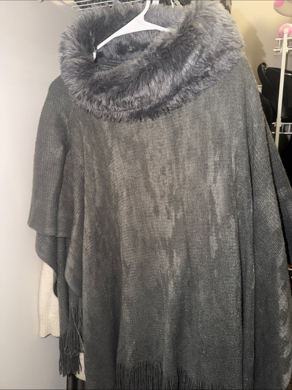 Plush Cowl-Neck Poncho Sweater - Gray